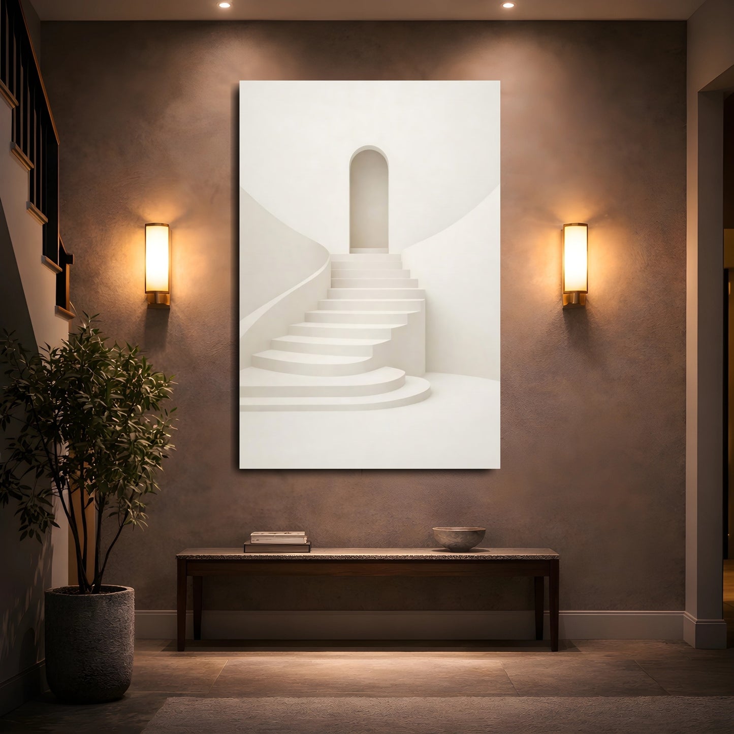 Mockup 4. Abstract Staircase Beige Staircase shown as stretched canvas wall art