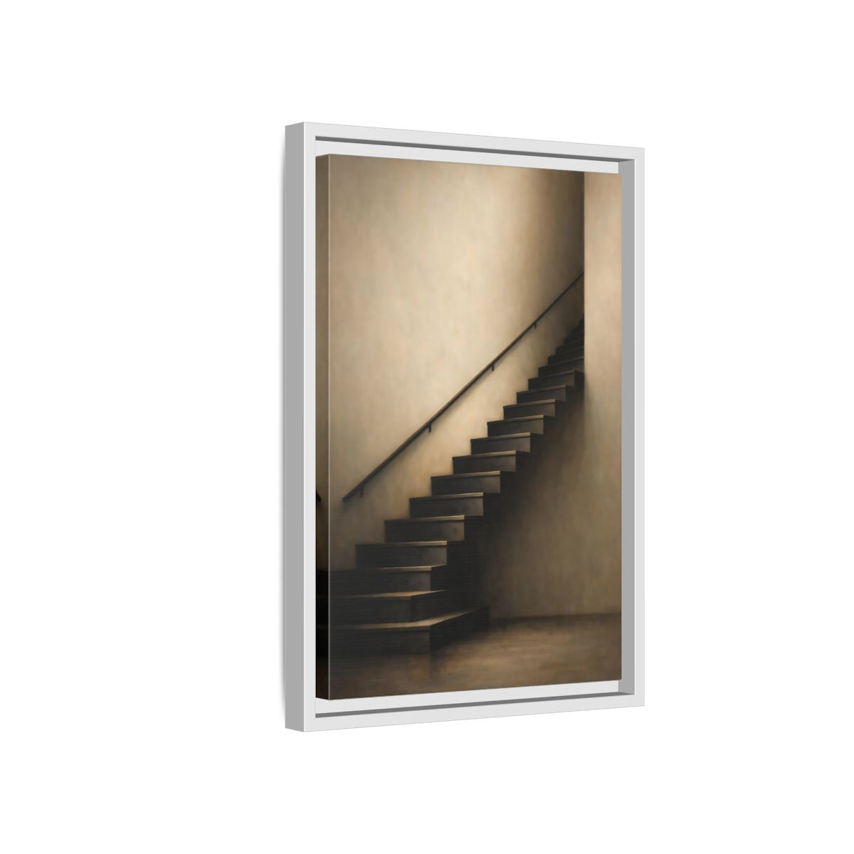 Side Mockup 4. Abstract Staircase Brown And Beige shown as stretched canvas wall art