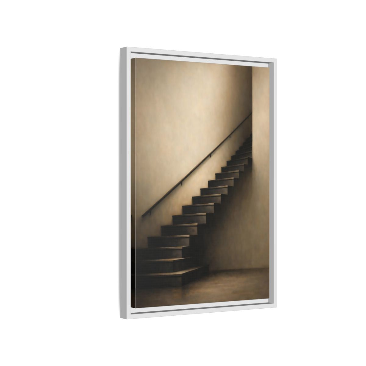 Side Mockup 1. Abstract Staircase Brown And Beige shown as stretched canvas wall art