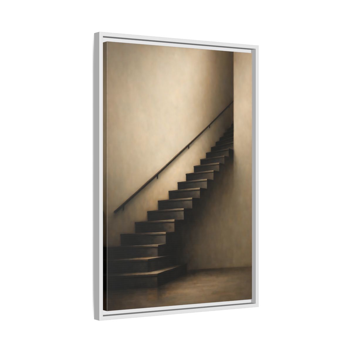 Side Mockup 11. Abstract Staircase Brown And Beige shown as stretched canvas wall art