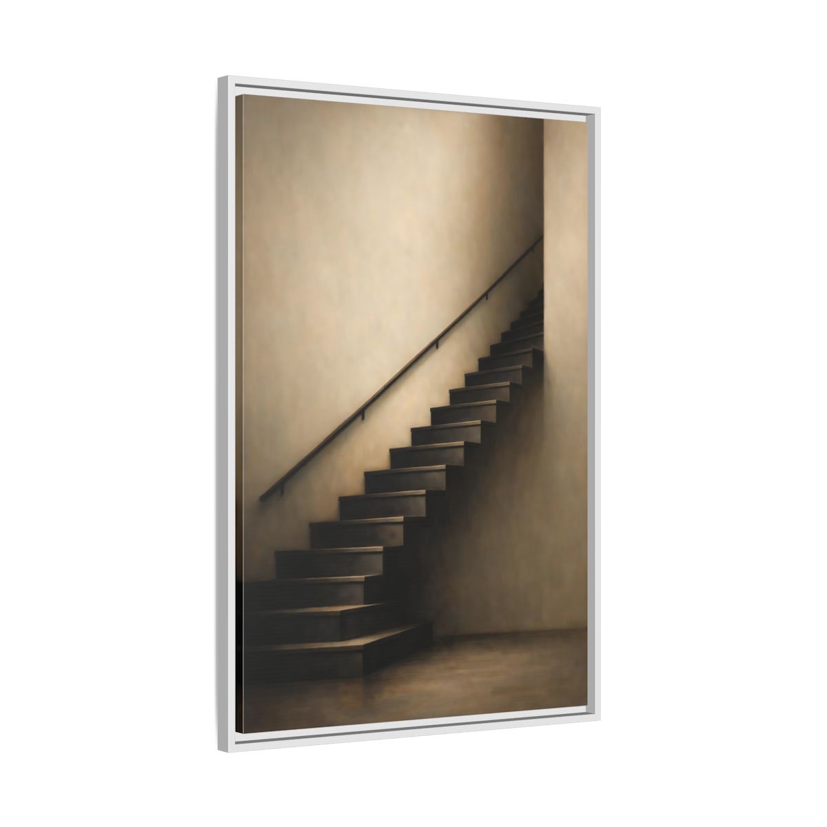 Side Mockup 9. Abstract Staircase Brown And Beige shown as stretched canvas wall art