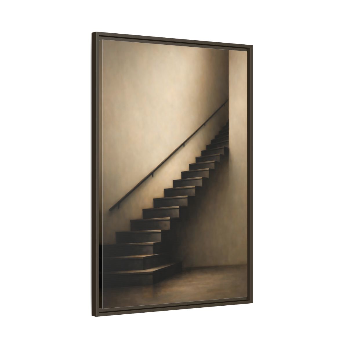 Side Mockup 10. Abstract Staircase Brown And Beige shown as stretched canvas wall art