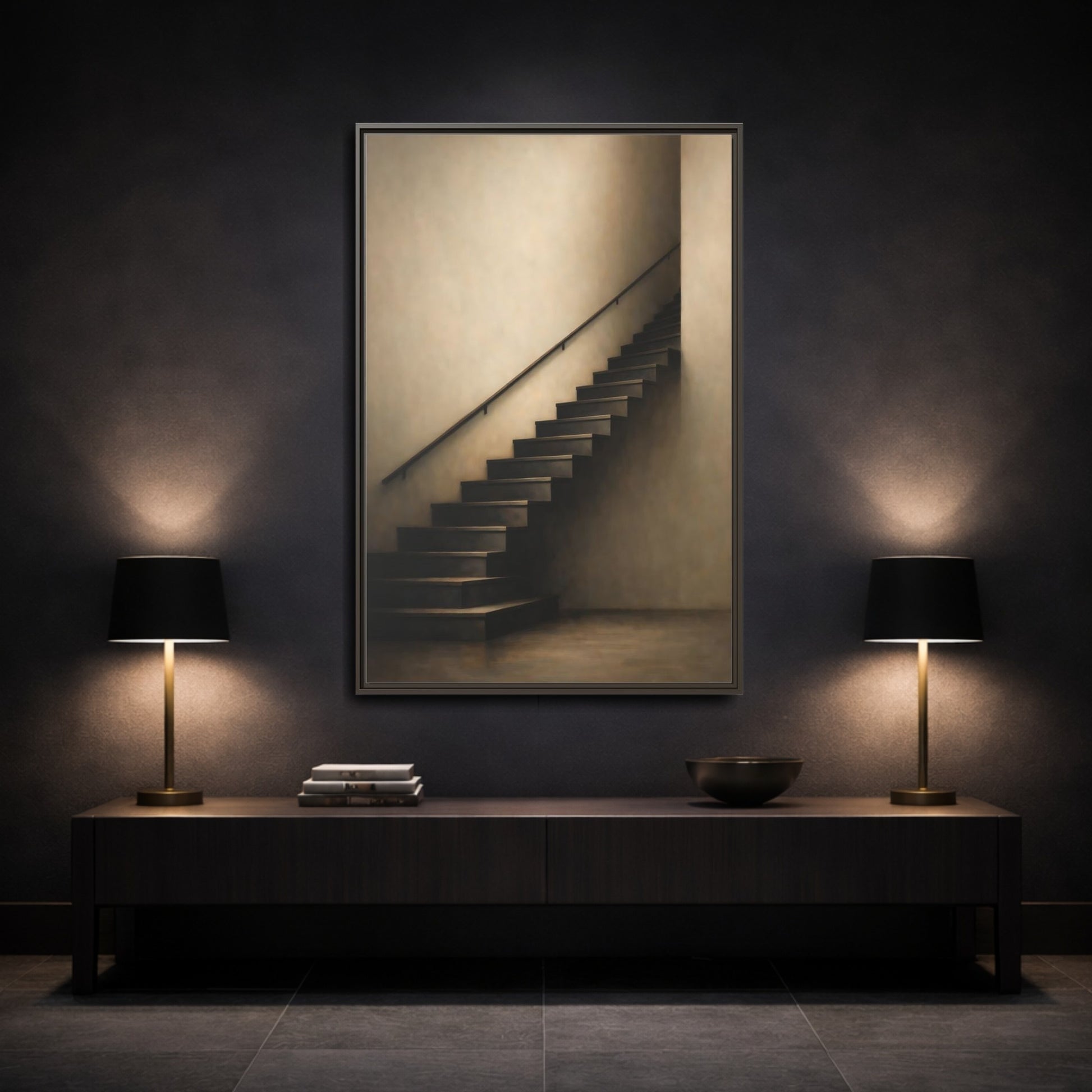 Mockup 2. Abstract Staircase Brown And Beige shown as stretched canvas wall art