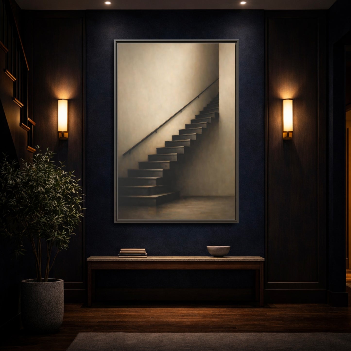 Mockup 3. Abstract Staircase Brown And Beige shown as stretched canvas wall art