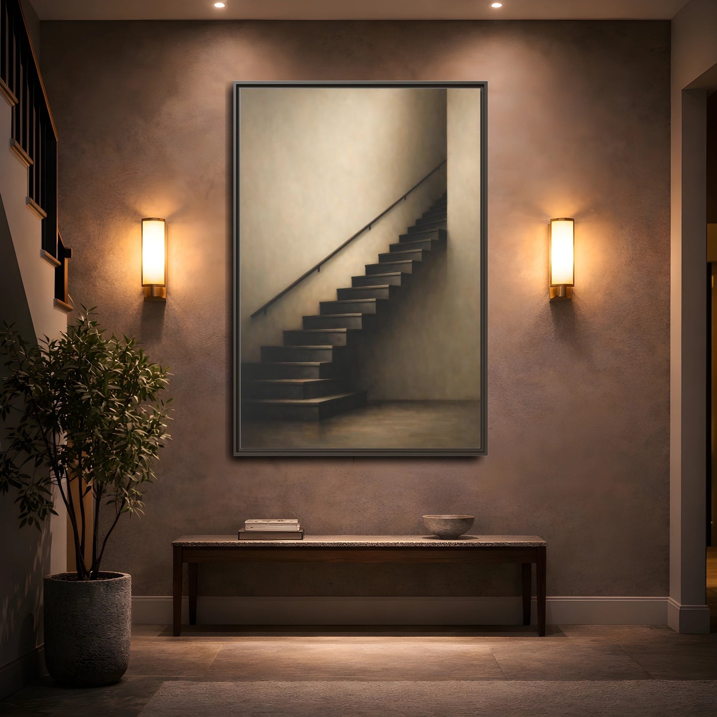 Mockup 4. Abstract Staircase Brown And Beige shown as stretched canvas wall art