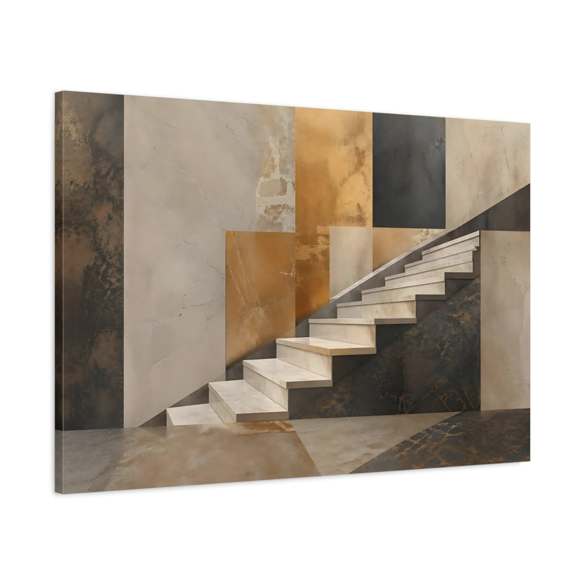 Main Mockup. Abstract Staircase Brown Gold Stairs shown as stretched canvas wall art