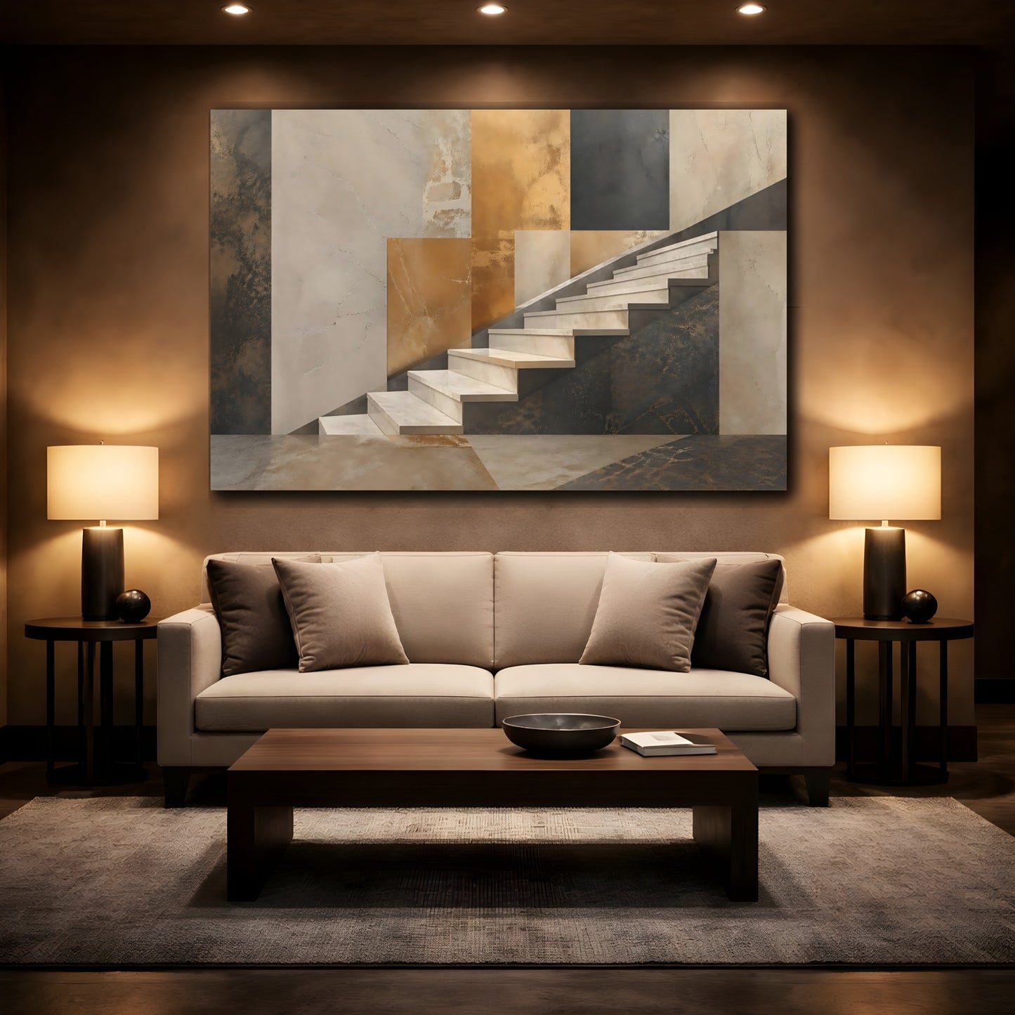 Mockup 2. Abstract Staircase Brown Gold Stairs shown as stretched canvas wall art