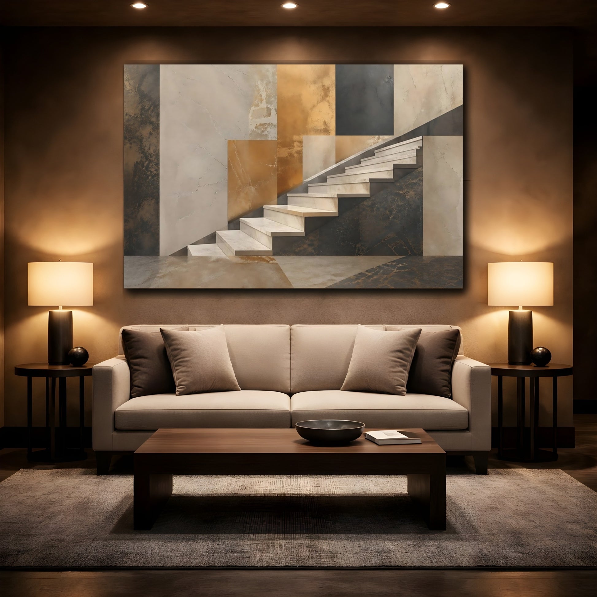 Mockup 2. Abstract Staircase Brown Gold Stairs shown as stretched canvas wall art