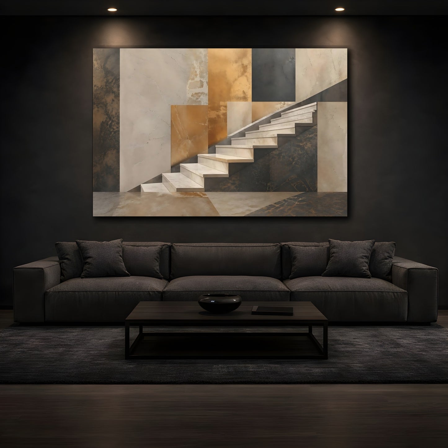 Mockup 3. Abstract Staircase Brown Gold Stairs shown as stretched canvas wall art