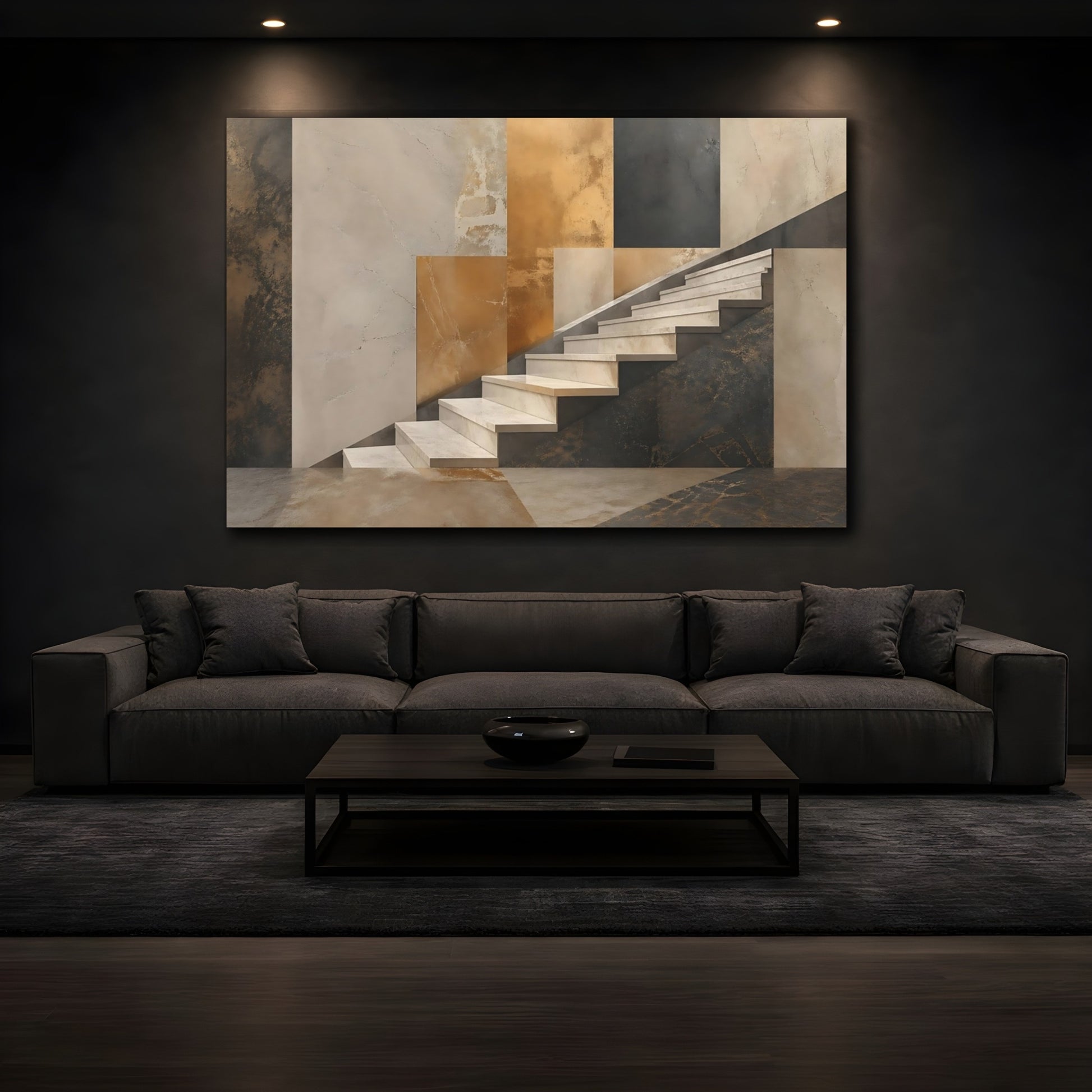 Mockup 3. Abstract Staircase Brown Gold Stairs shown as stretched canvas wall art