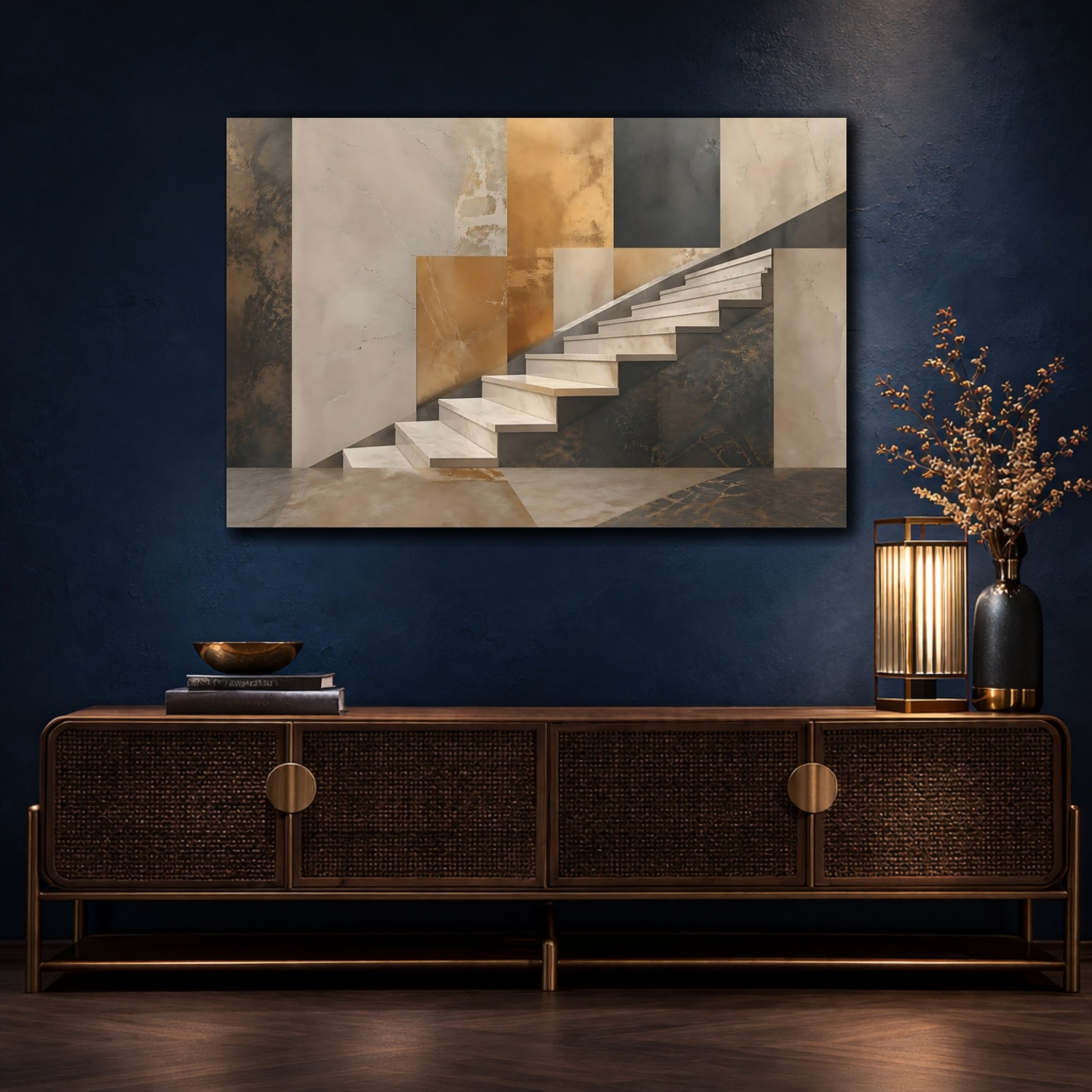 Mockup 4. Abstract Staircase Brown Gold Stairs shown as stretched canvas wall art