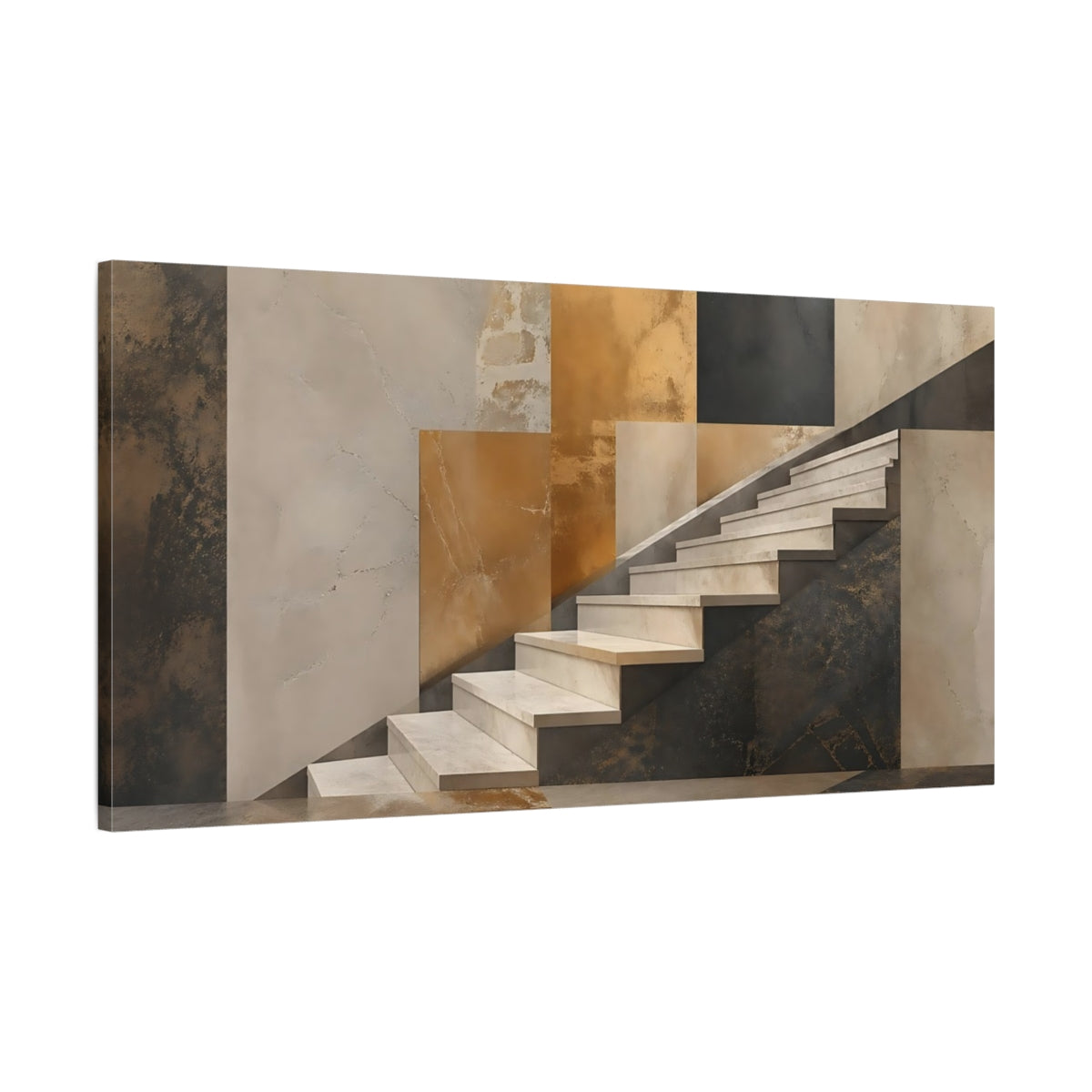 Main Mockup. Abstract Staircase Gold And Gray shown as stretched canvas wall art
