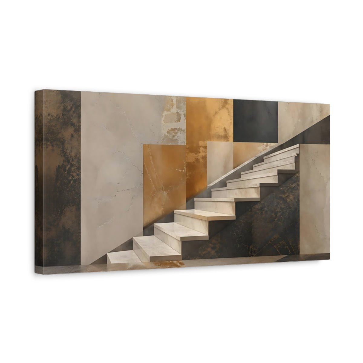 Side Mockup 3. Abstract Staircase Gold And Gray shown as stretched canvas wall art
