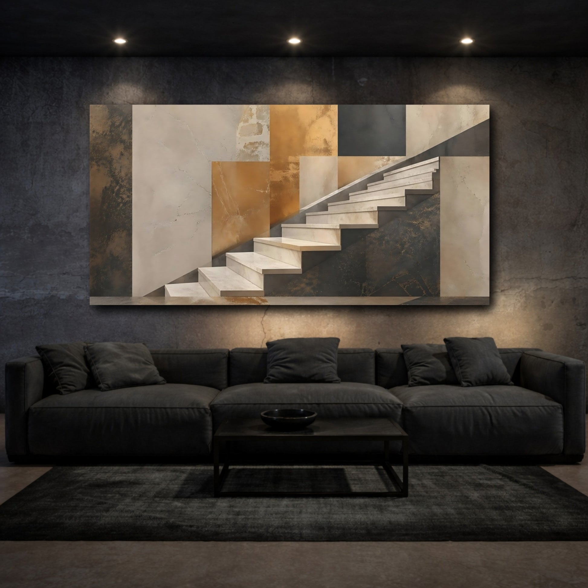 Mockup 2. Abstract Staircase Gold And Gray shown as stretched canvas wall art