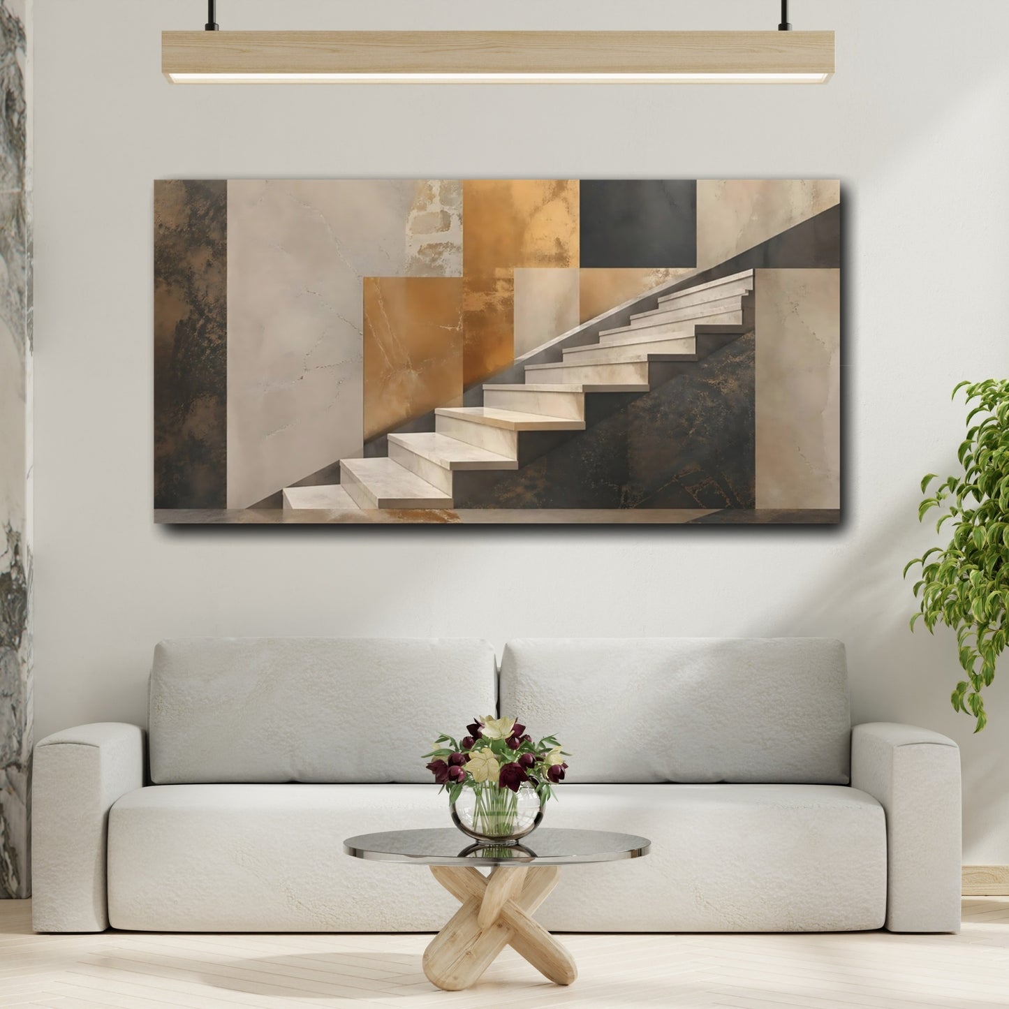 Mockup 3. Abstract Staircase Gold And Gray shown as stretched canvas wall art