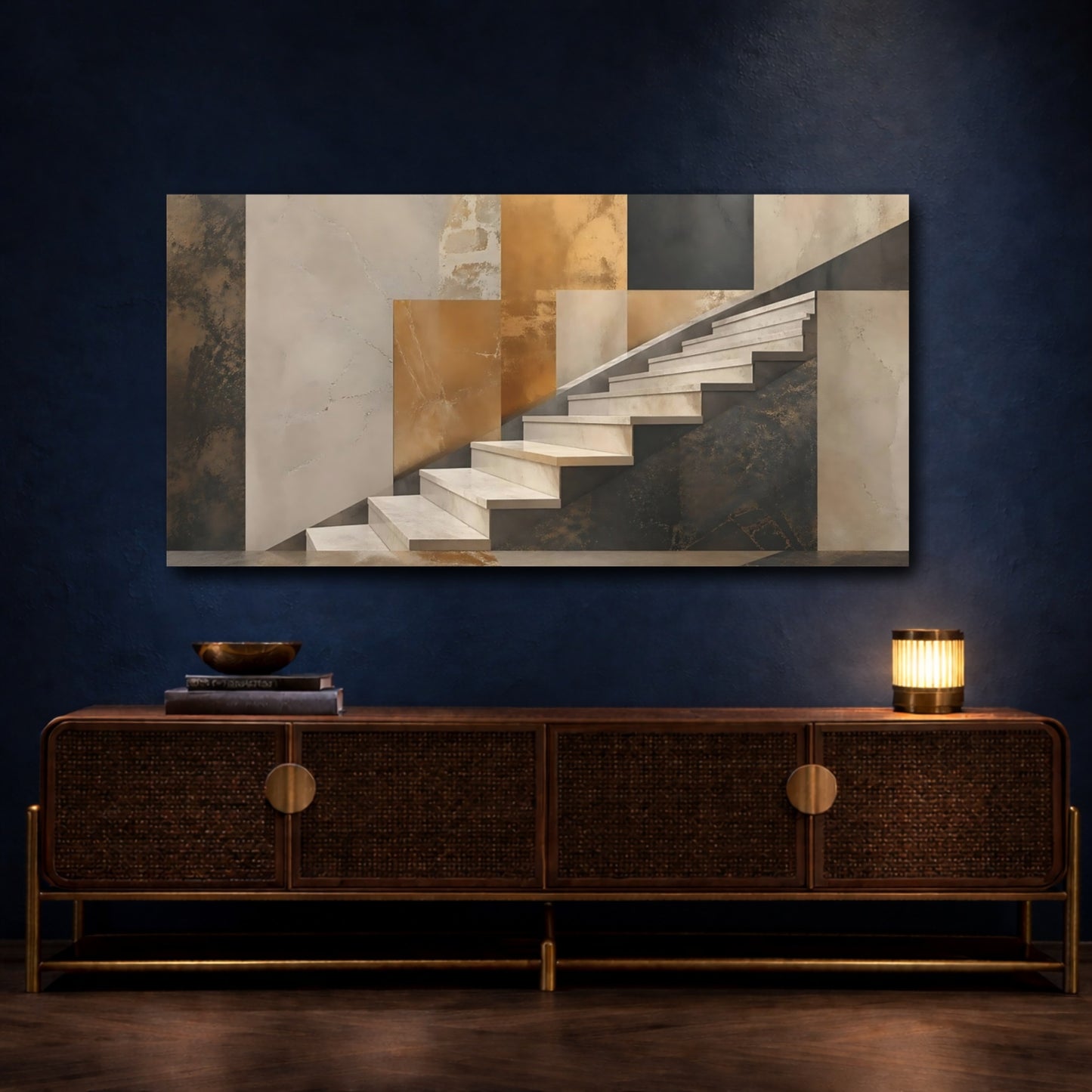Mockup 4. Abstract Staircase Gold And Gray shown as stretched canvas wall art