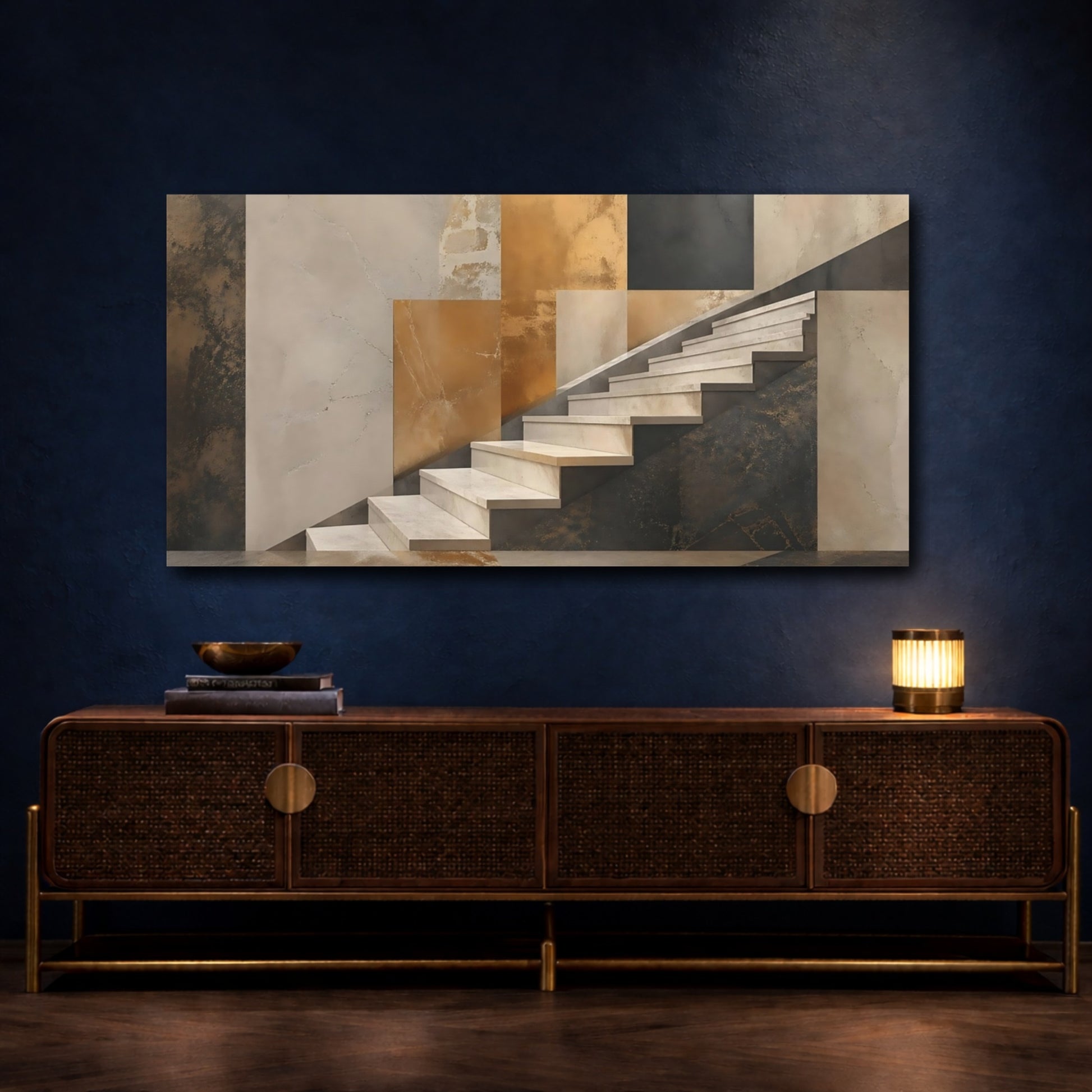 Mockup 4. Abstract Staircase Gold And Gray shown as stretched canvas wall art