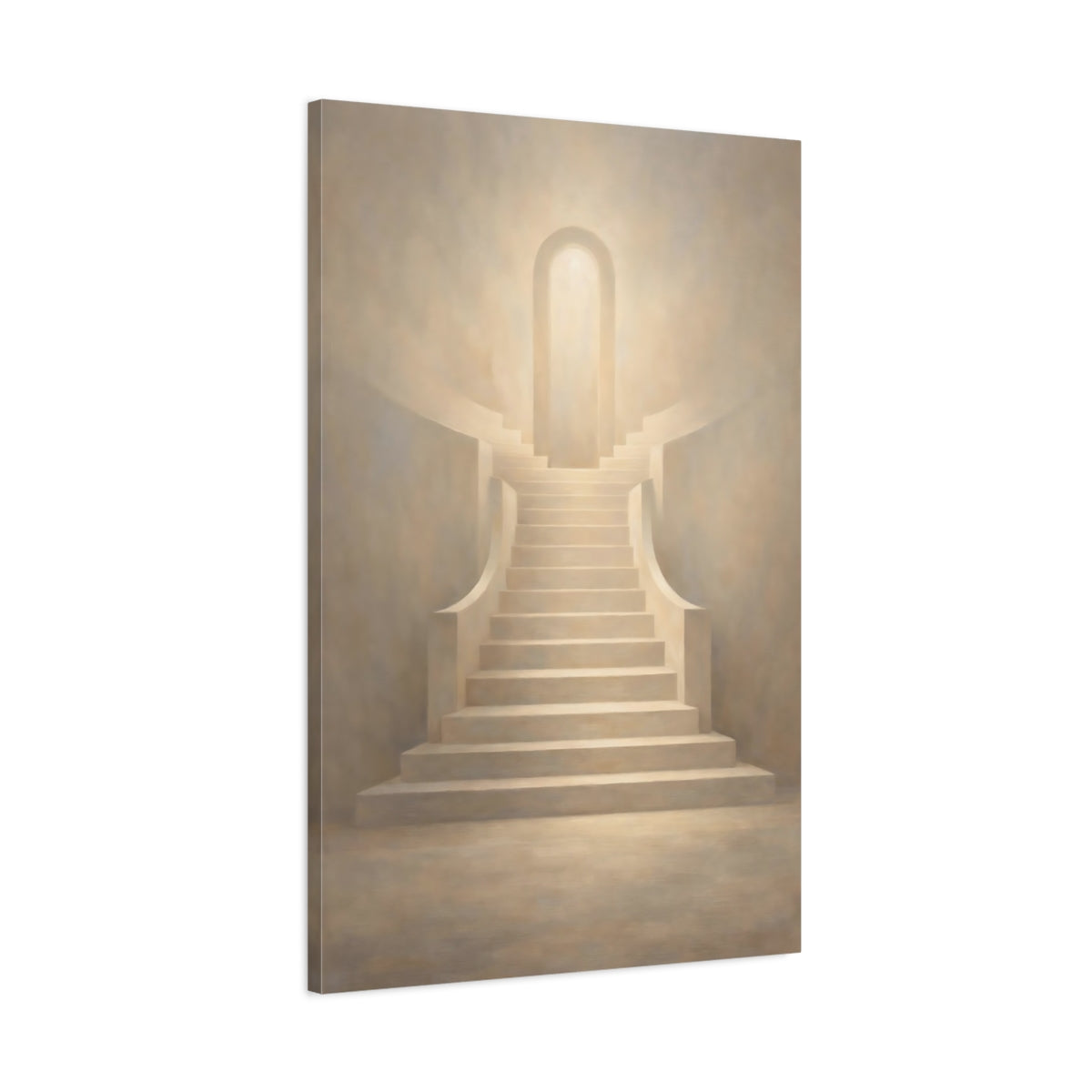 Side Mockup 1. Abstract Staircase Warm Beige shown as stretched canvas wall art