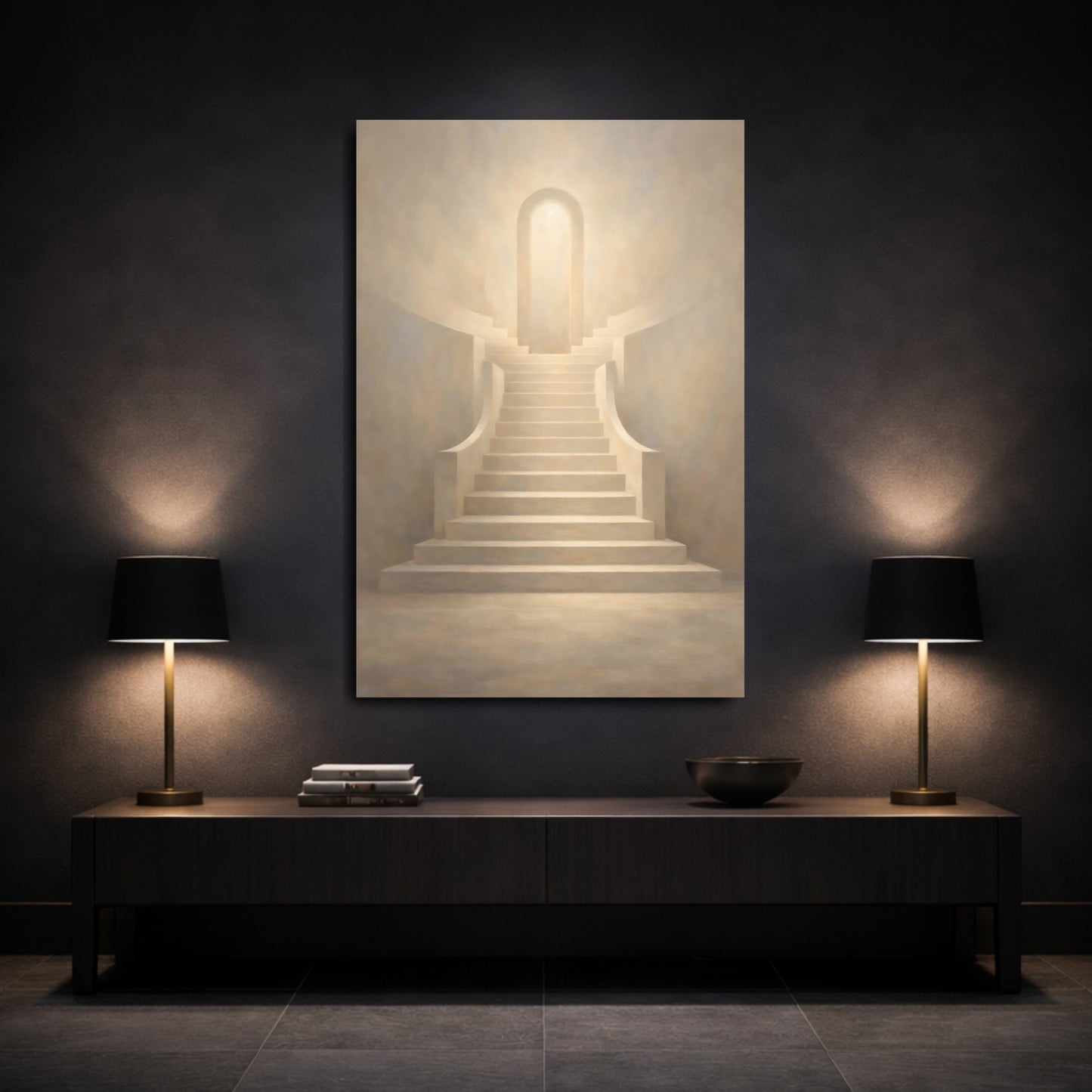 Mockup 2. Abstract Staircase Warm Beige shown as stretched canvas wall art
