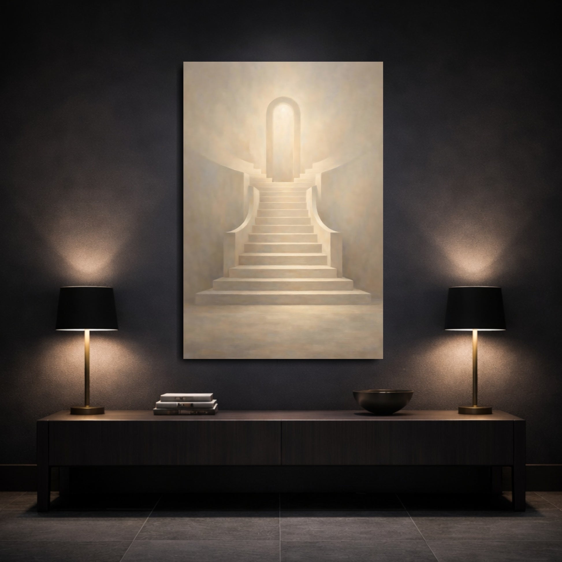 Mockup 2. Abstract Staircase Warm Beige shown as stretched canvas wall art