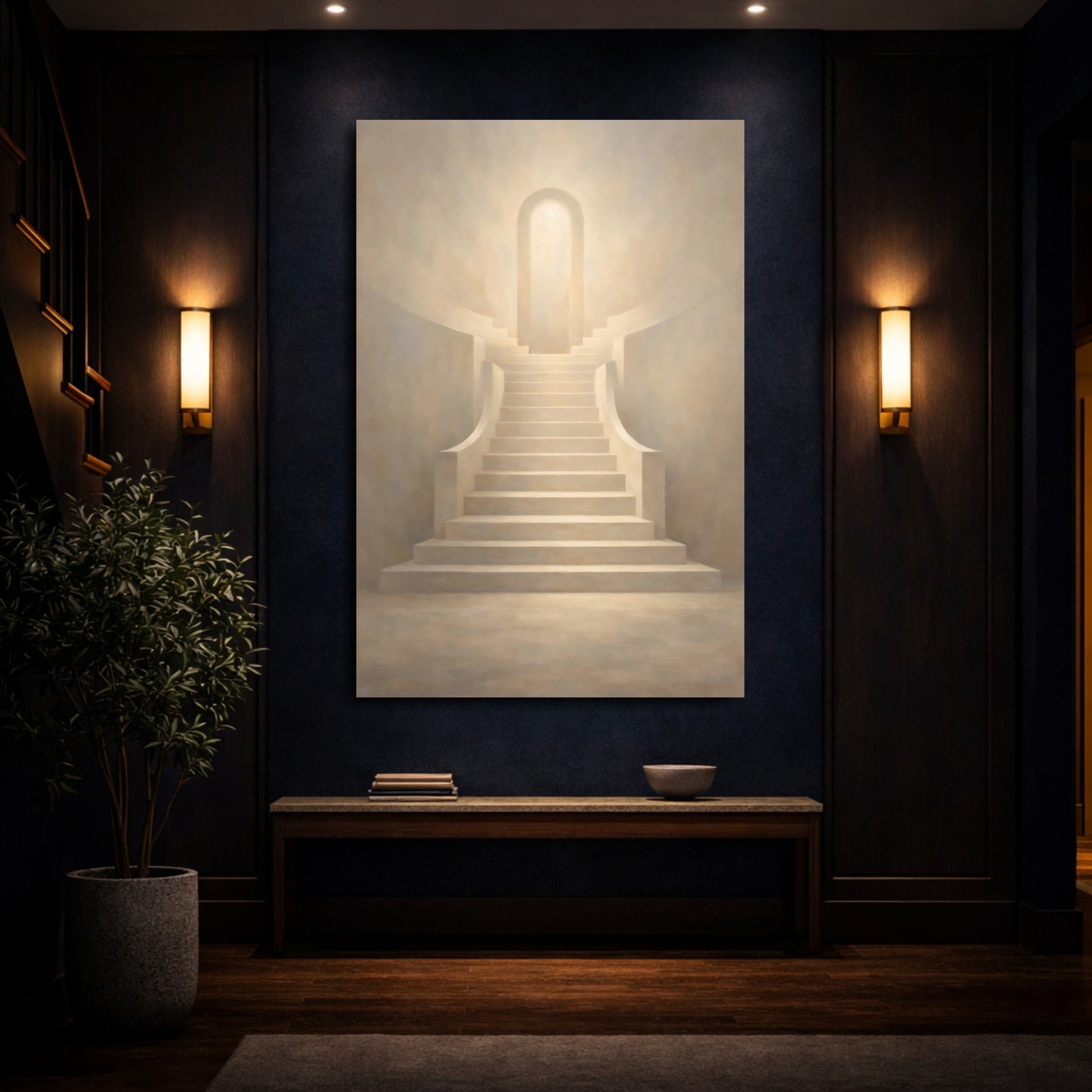 Mockup 3. Abstract Staircase Warm Beige shown as stretched canvas wall art