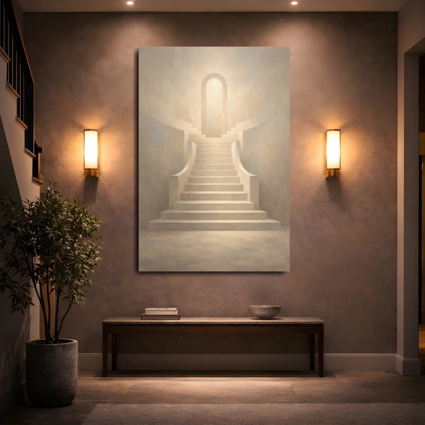 Mockup 4. Abstract Staircase Warm Beige shown as stretched canvas wall art