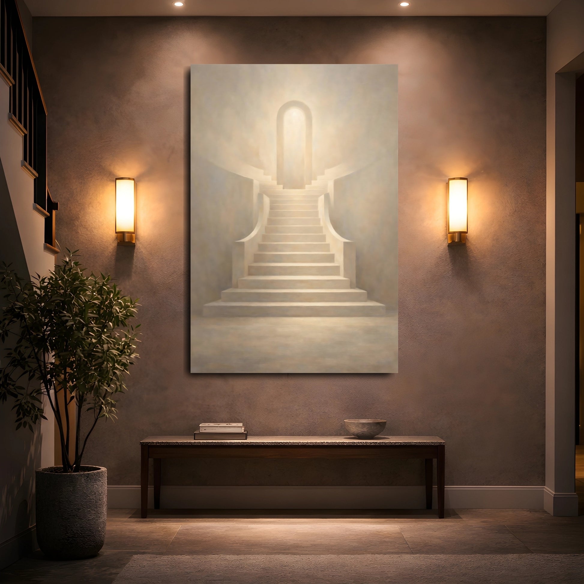 Mockup 4. Abstract Staircase Warm Beige shown as stretched canvas wall art
