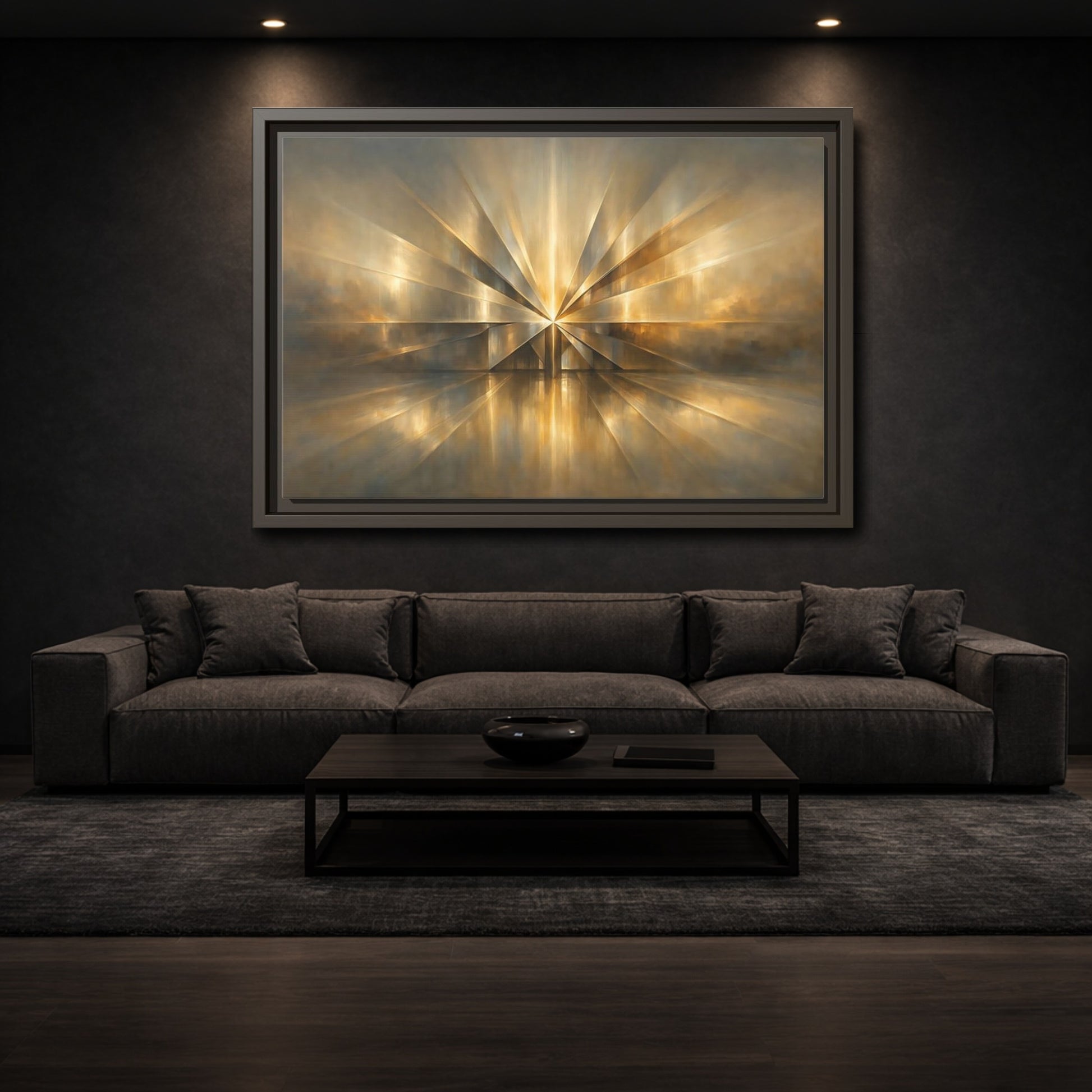 Mockup 2. Abstract Starburst Gold And Gray Abstract shown as stretched canvas wall art
