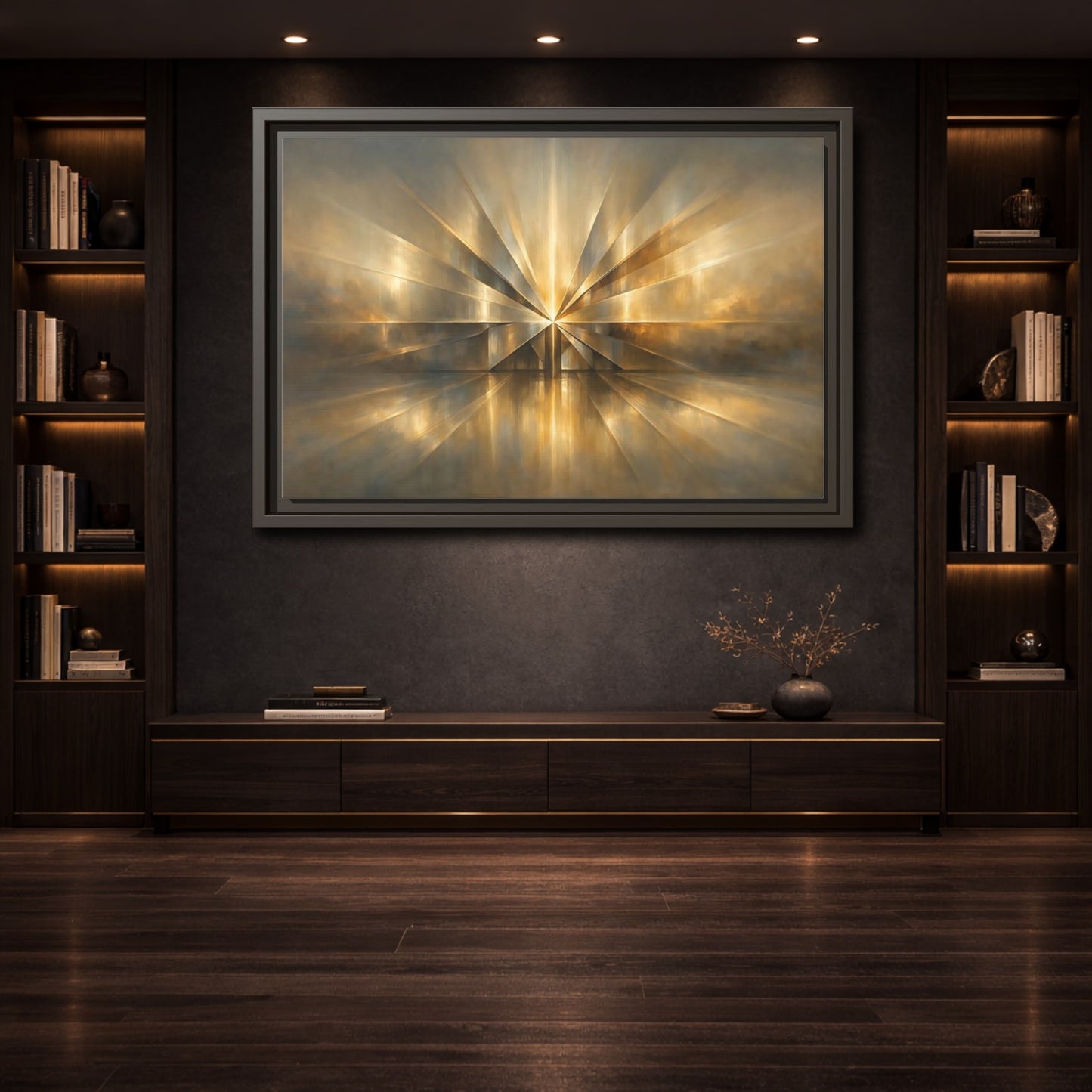 Mockup 3. Abstract Starburst Gold And Gray Abstract shown as stretched canvas wall art