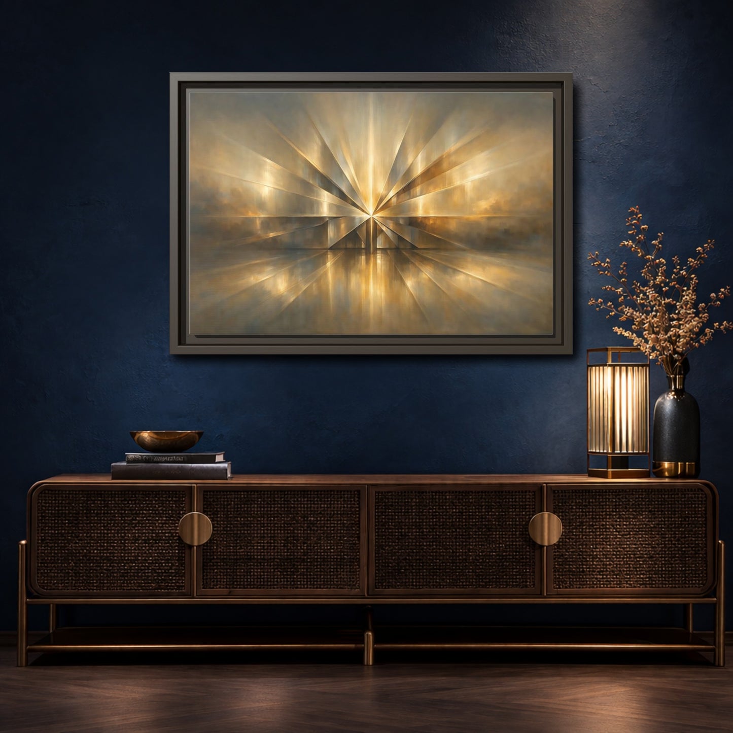 Mockup 4. Abstract Starburst Gold And Gray Abstract shown as stretched canvas wall art