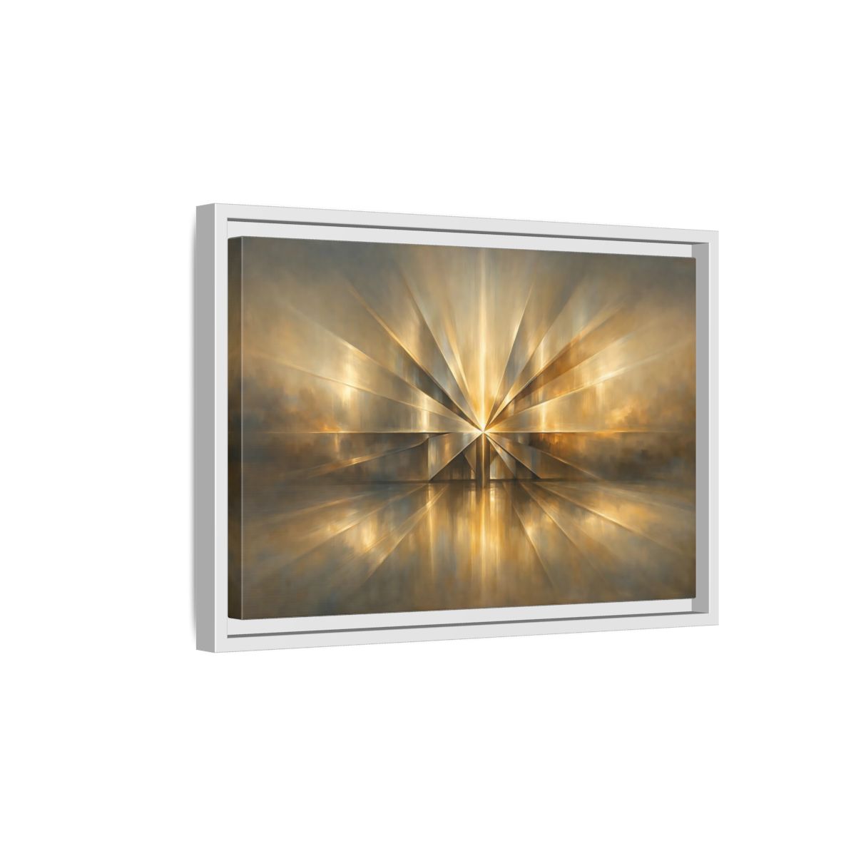 Side Mockup 4. Abstract Starburst Gold And Gray Abstract shown as stretched canvas wall art