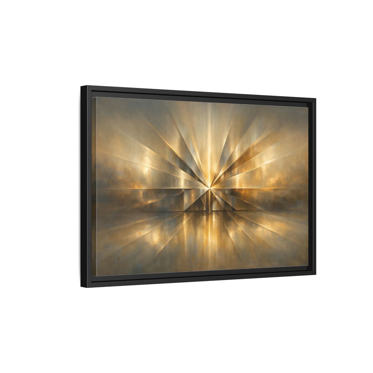 Side Mockup 3. Abstract Starburst Gold And Gray Abstract shown as stretched canvas wall art