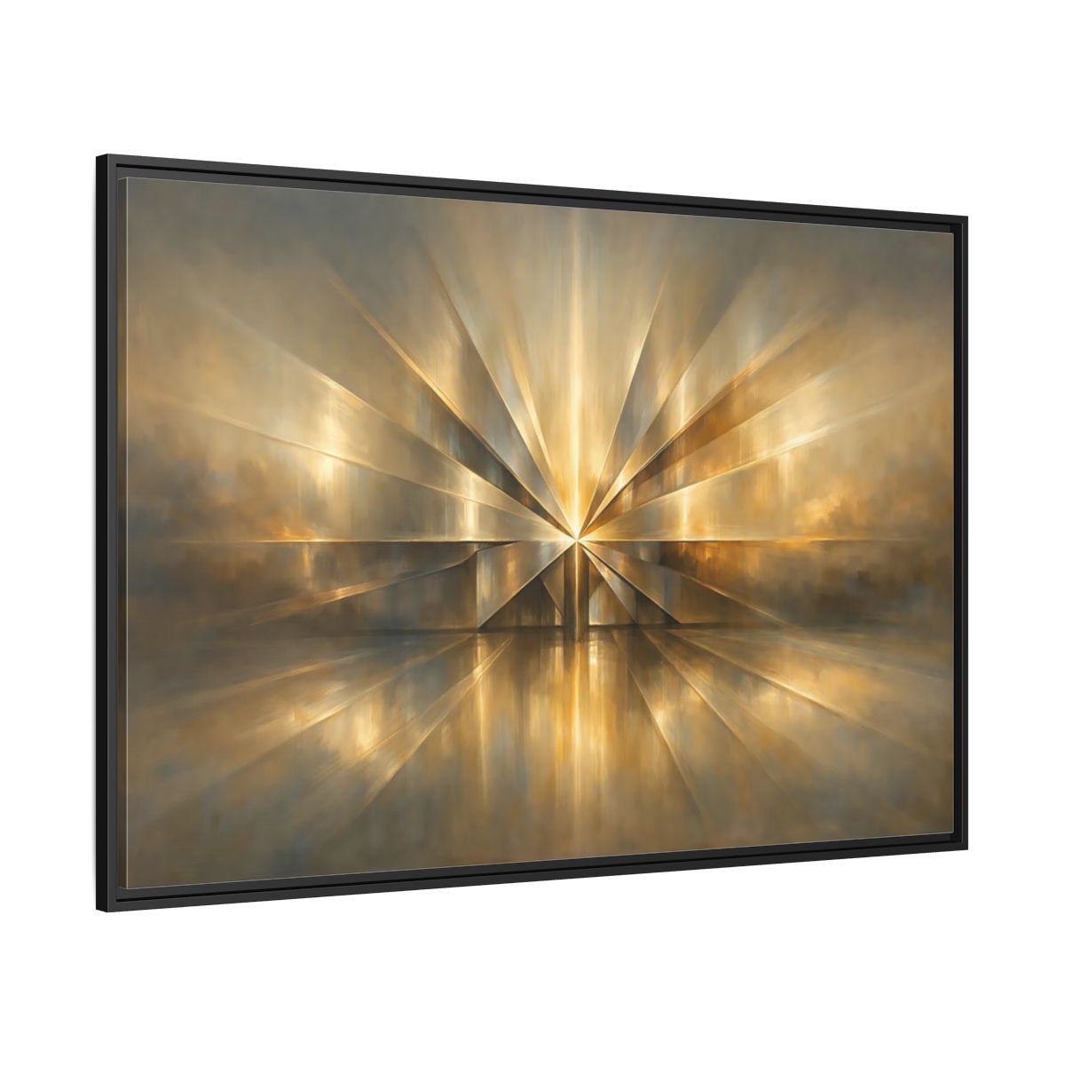 Side Mockup 12. Abstract Starburst Gold And Gray Abstract shown as stretched canvas wall art