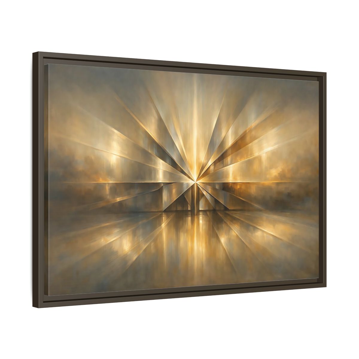Side Mockup 11. Abstract Starburst Gold And Gray Abstract shown as stretched canvas wall art