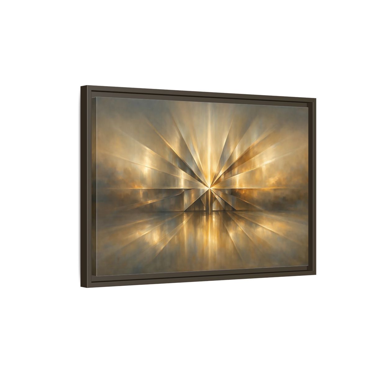 Side Mockup 2. Abstract Starburst Gold And Gray Abstract shown as stretched canvas wall art