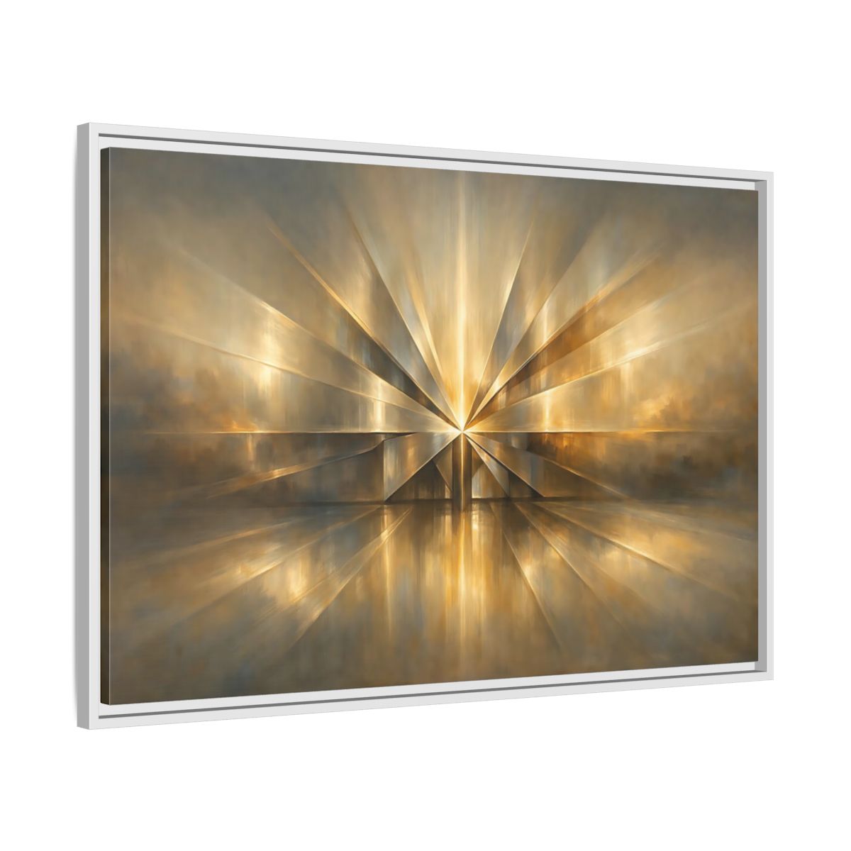 Side Mockup 8. Abstract Starburst Gold And Gray Abstract shown as stretched canvas wall art