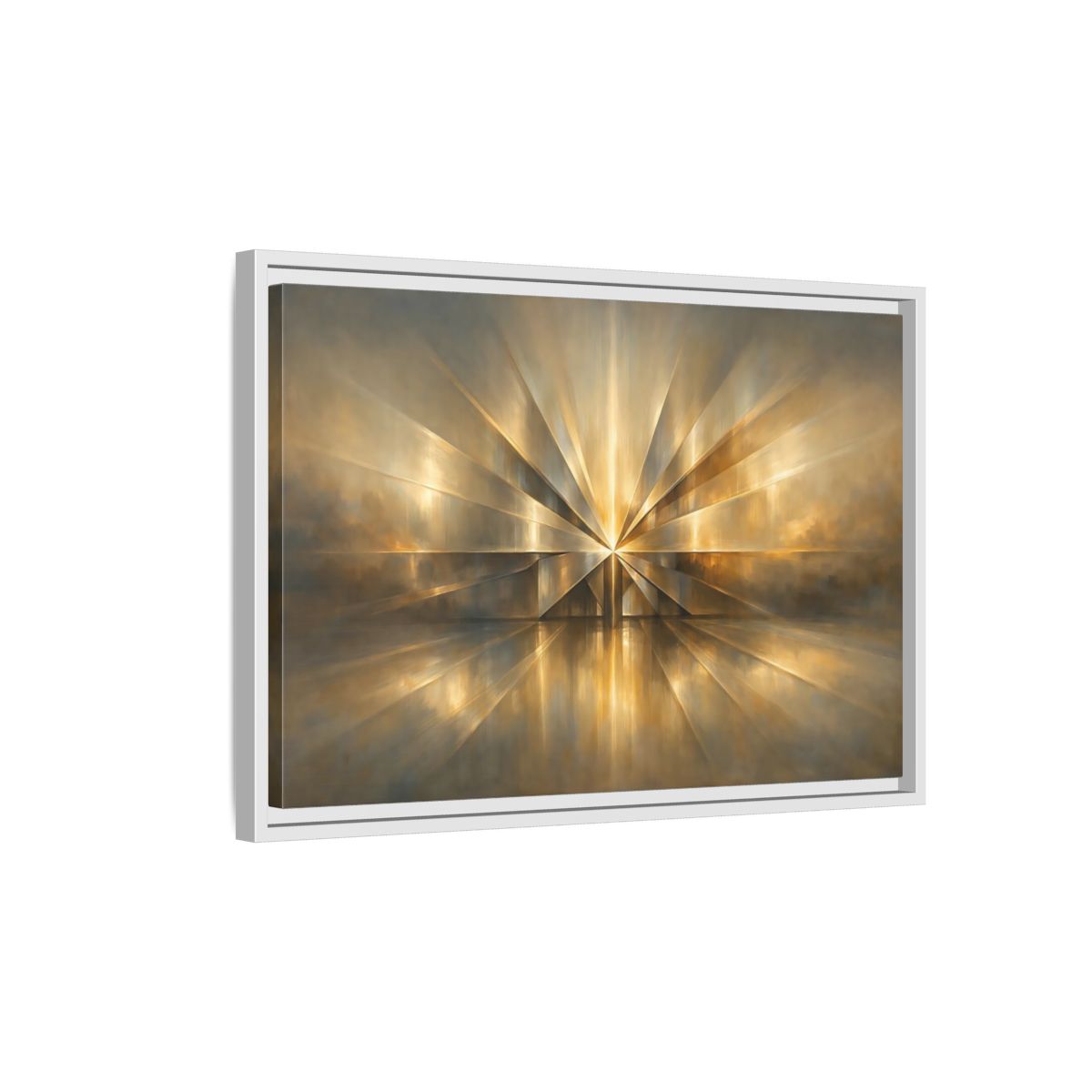 Side Mockup 1. Abstract Starburst Gold And Gray Abstract shown as stretched canvas wall art
