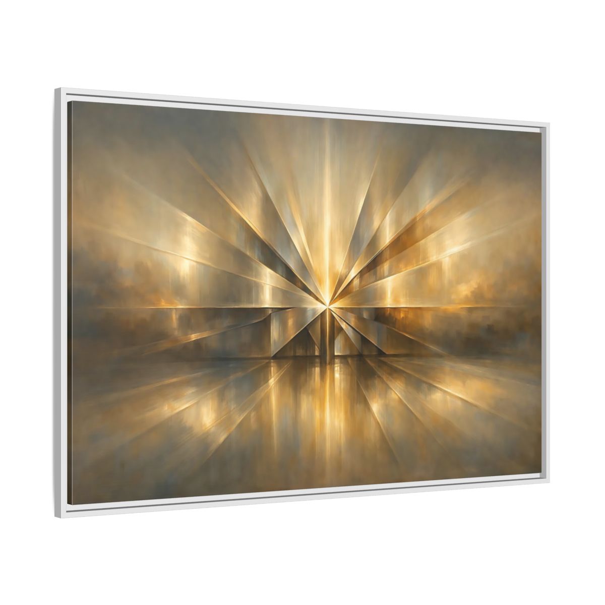 Side Mockup 7. Abstract Starburst Gold And Gray Abstract shown as stretched canvas wall art