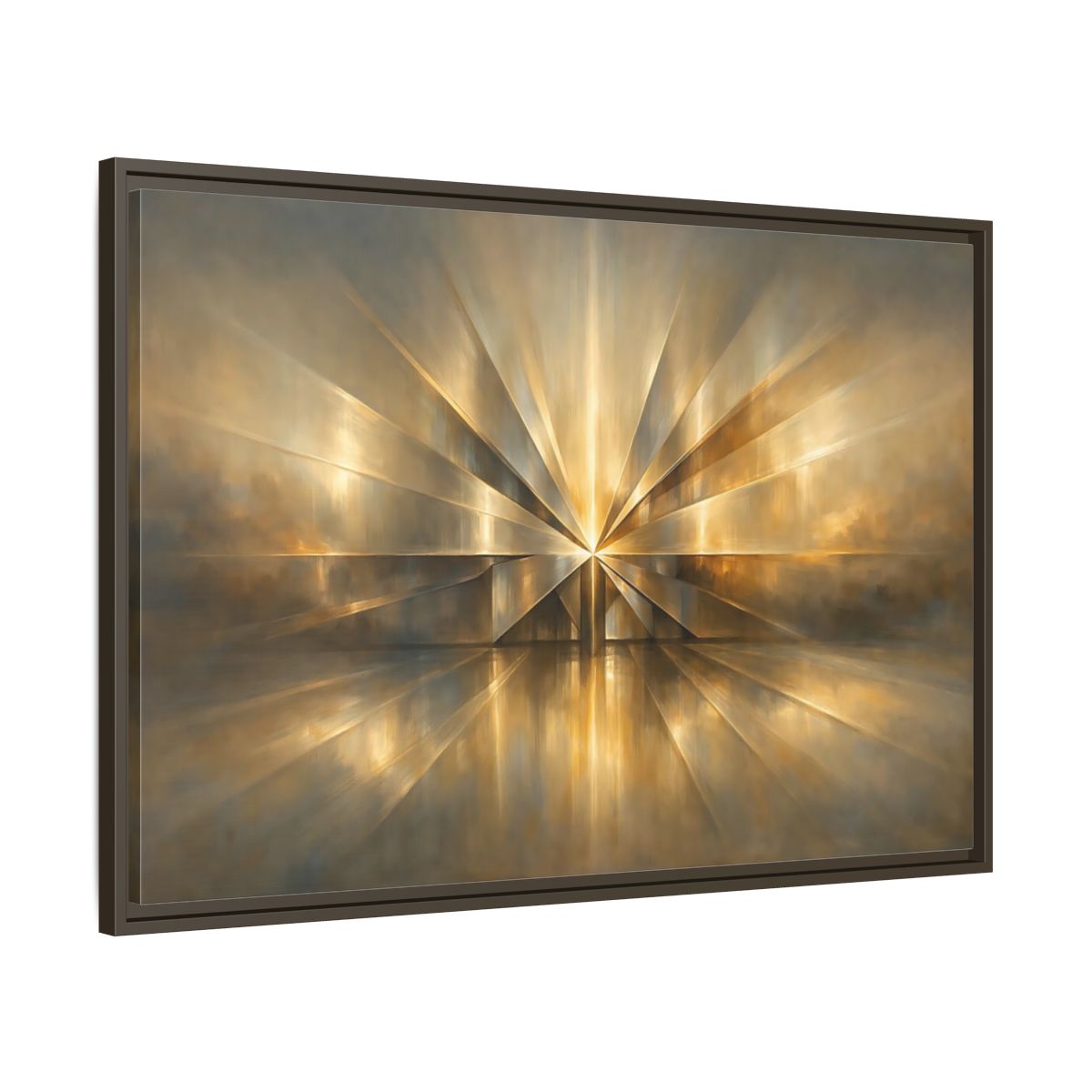 Side Mockup 9. Abstract Starburst Gold And Gray Abstract shown as stretched canvas wall art