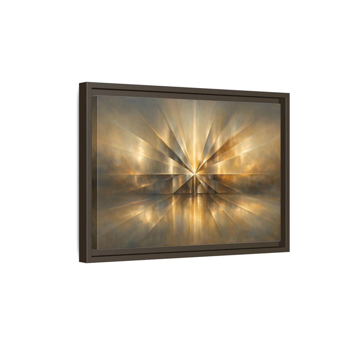 Side Mockup 5. Abstract Starburst Gold And Gray Abstract shown as stretched canvas wall art