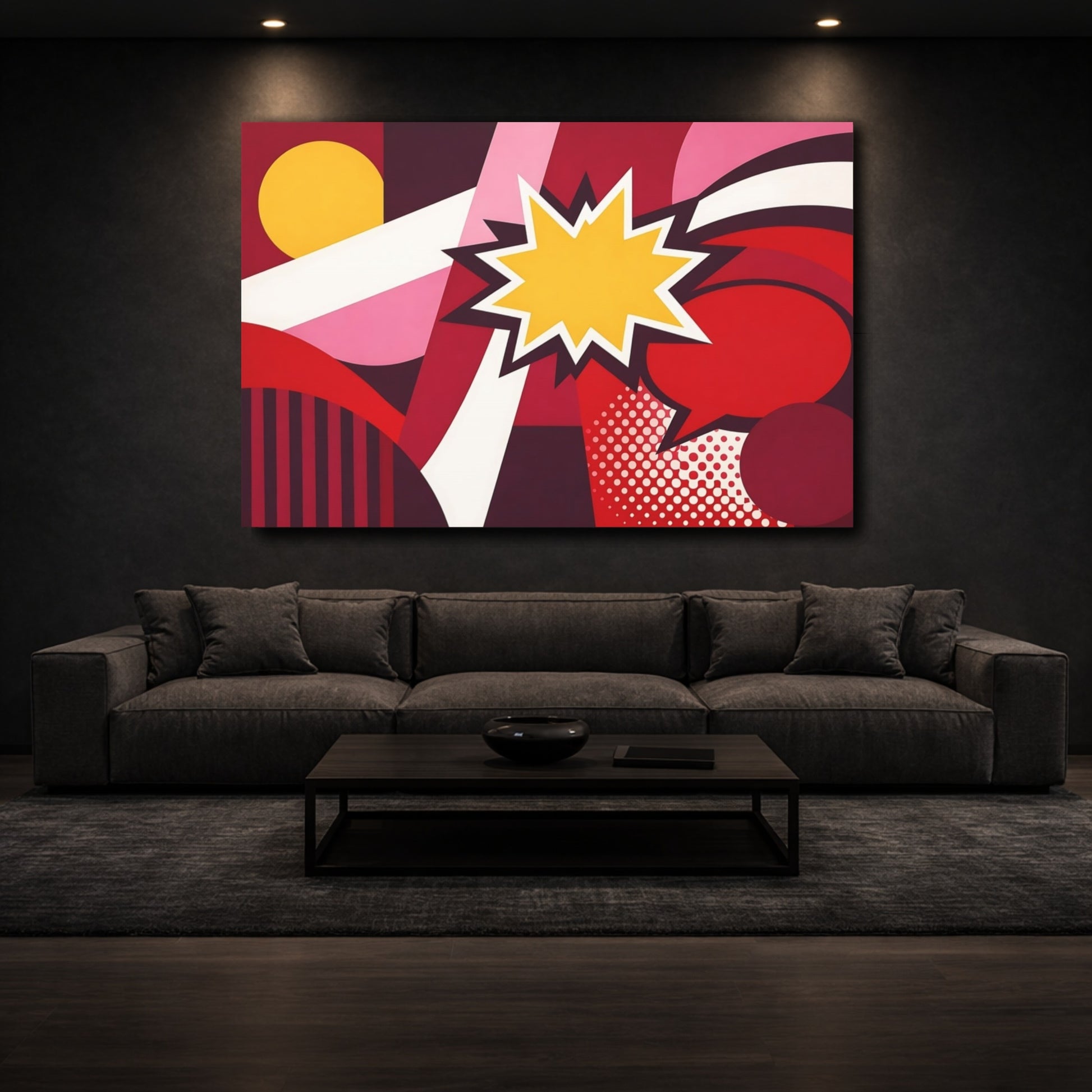 Mockup 2. Abstract Starburst Red Yellow Abstract shown as stretched canvas wall art