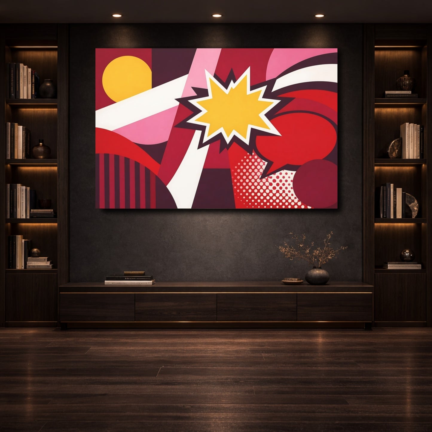 Mockup 3. Abstract Starburst Red Yellow Abstract shown as stretched canvas wall art