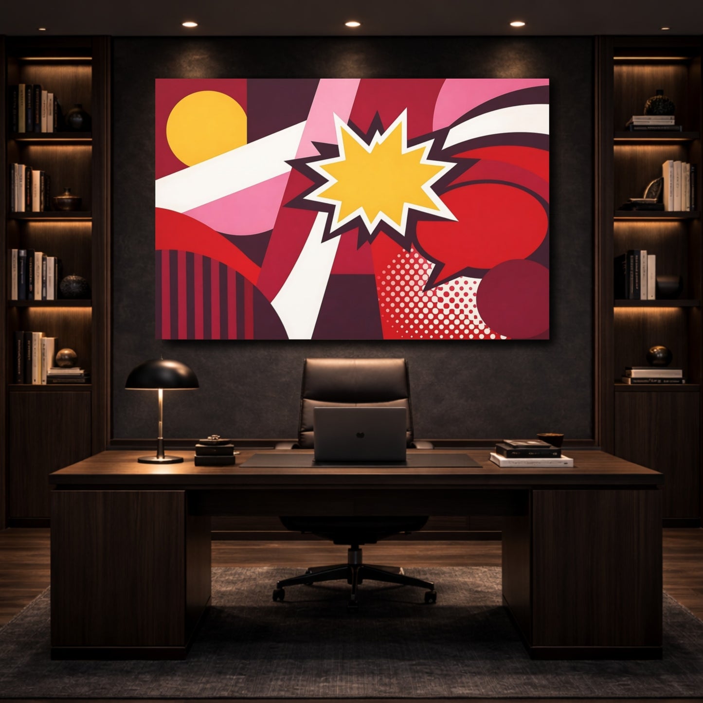 Mockup 4. Abstract Starburst Red Yellow Abstract shown as stretched canvas wall art