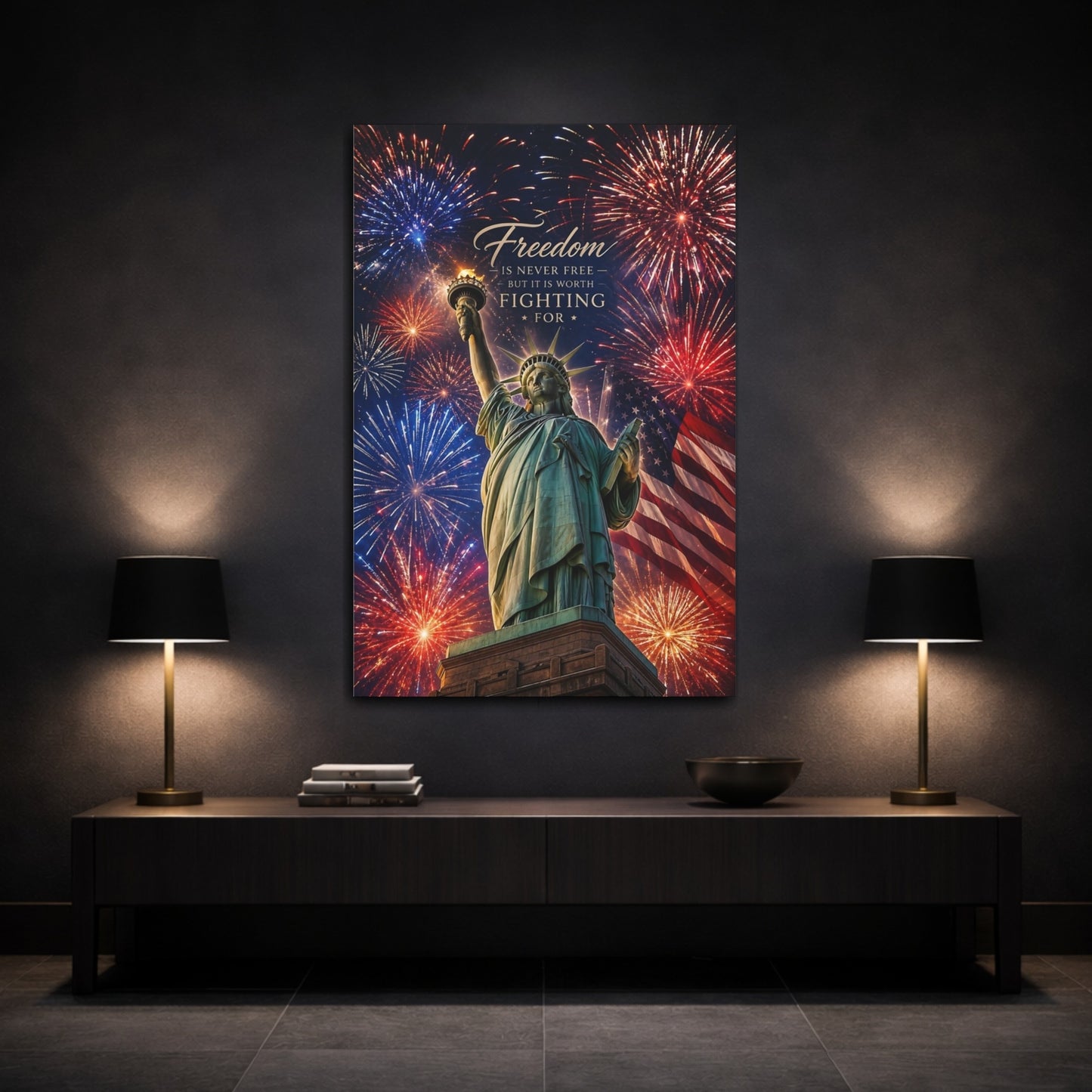 Mockup 3. Abstract Statue Of Liberty Red White Blue shown as stretched canvas wall art