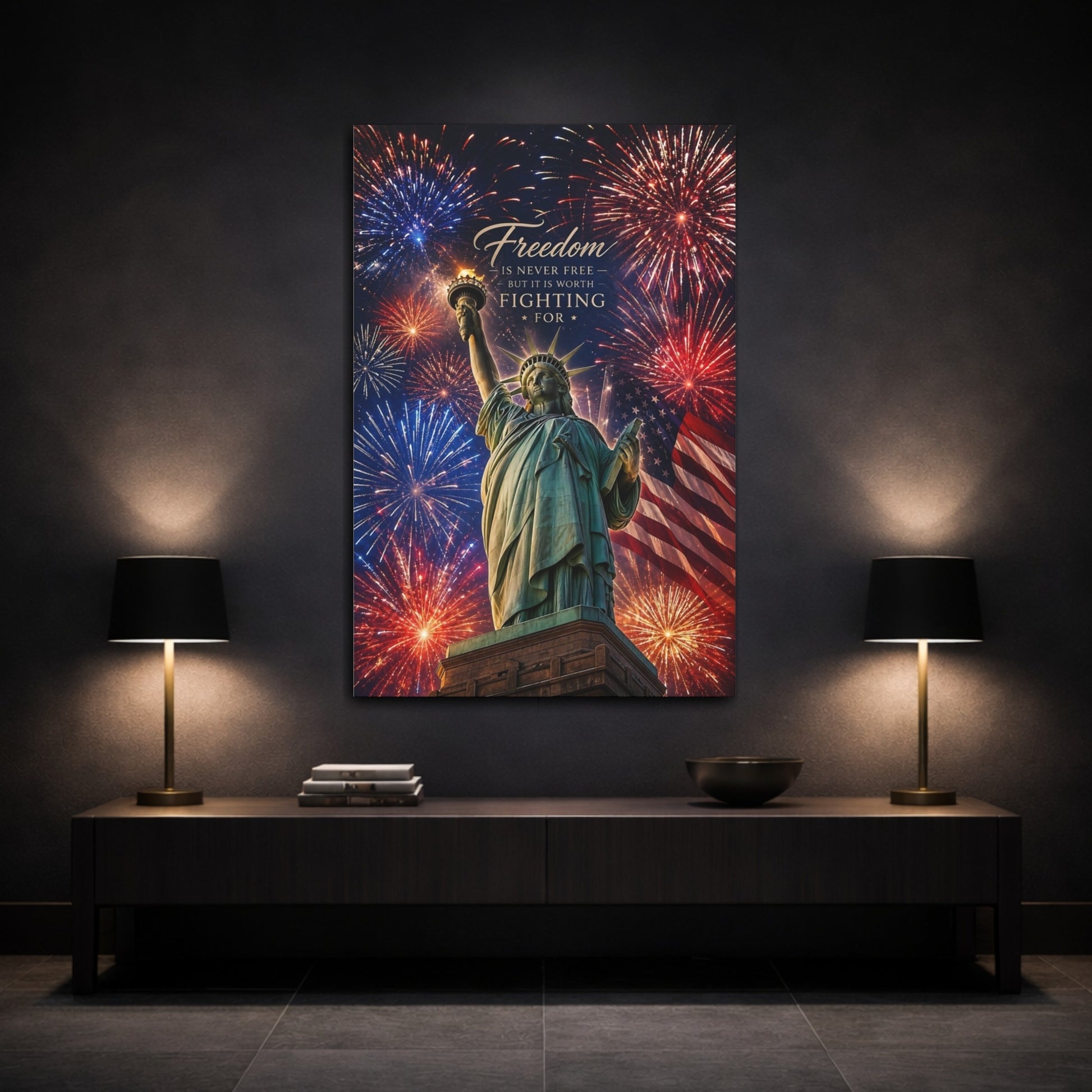 Mockup 3. Abstract Statue Of Liberty Red White Blue shown as stretched canvas wall art