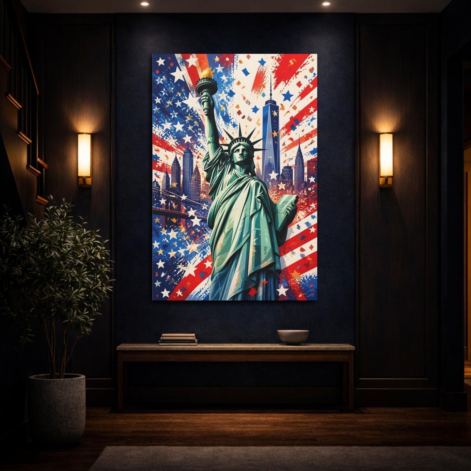 Abstract Statue Of Liberty Red White Canvas Print – Living Room, Above Console Table - YesArtYes