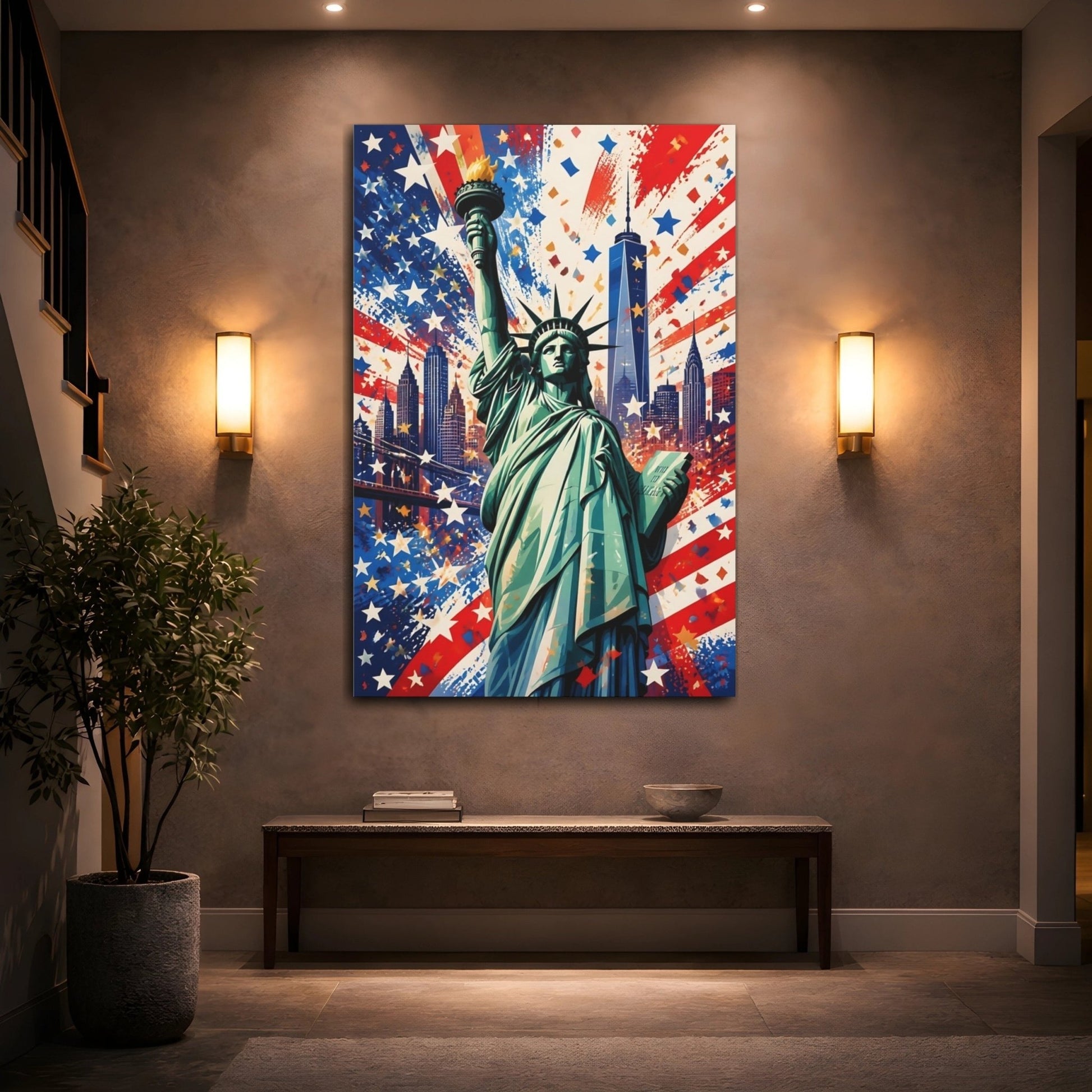Abstract Statue Of Liberty Red White Canvas Print – Living Room, Above Console Table - YesArtYes