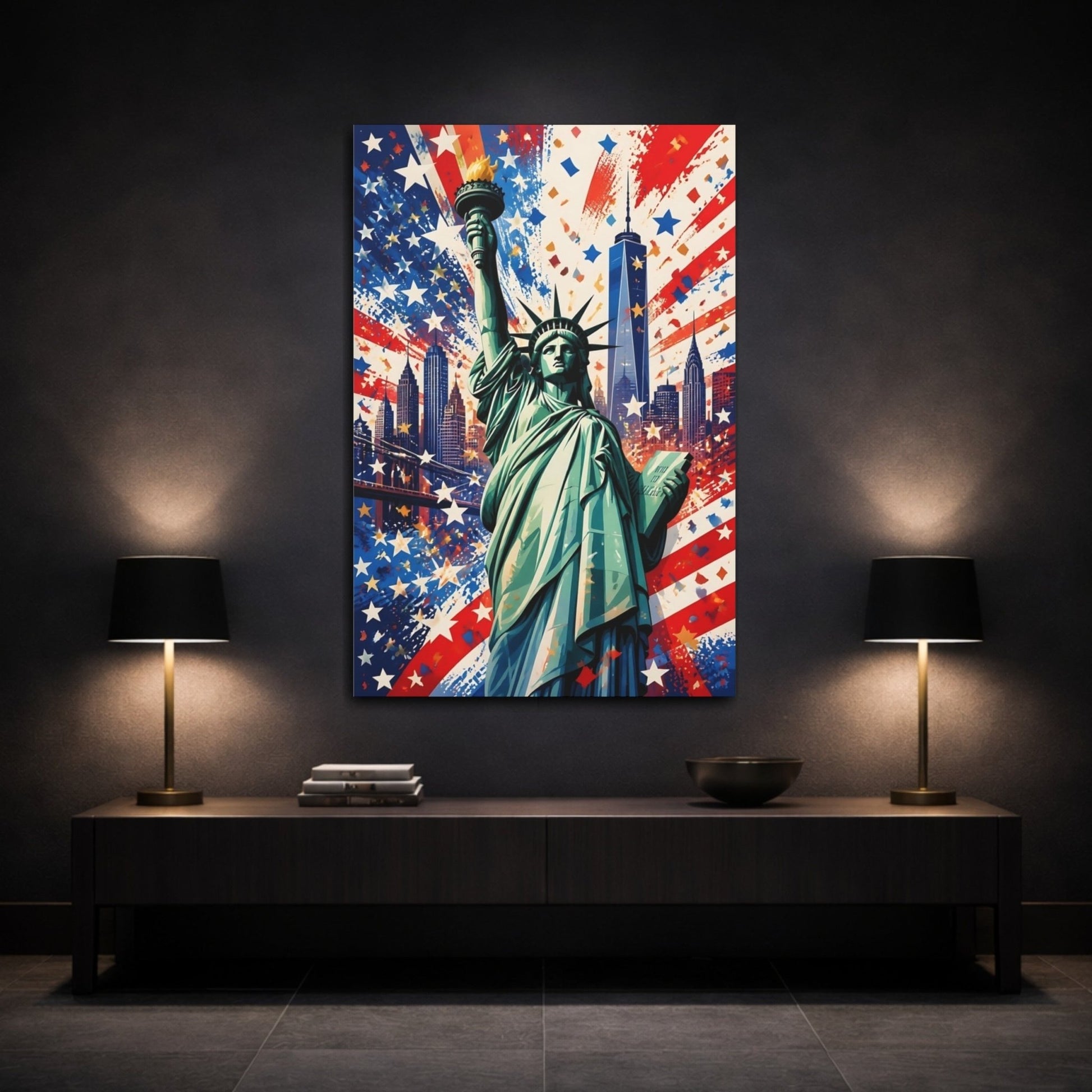 Abstract Statue Of Liberty Red White Canvas Print – Living Room, Above Console Table - YesArtYes