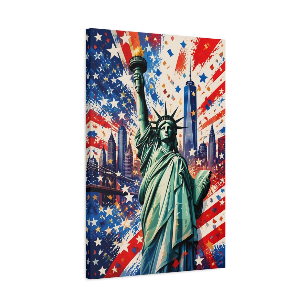 Side Mockup 2. Abstract Statue Of Liberty Red White Blue shown as stretched canvas wall art