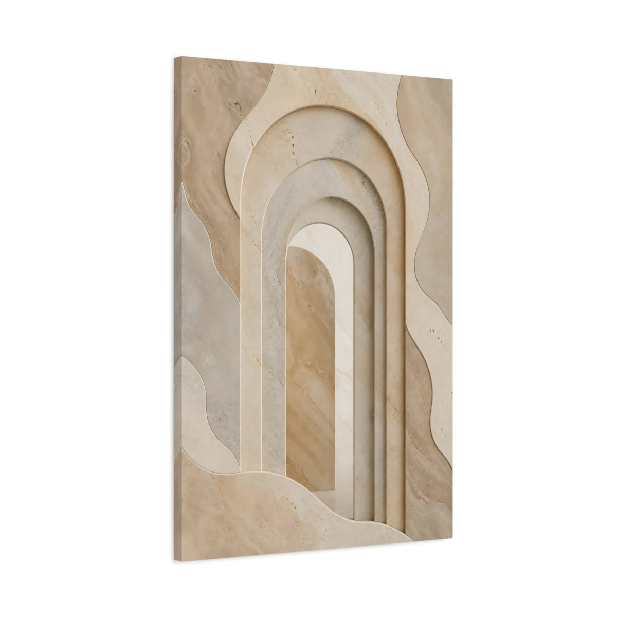 Main Mockup. Abstract Stone Arches Brown And Beige shown as stretched canvas wall art